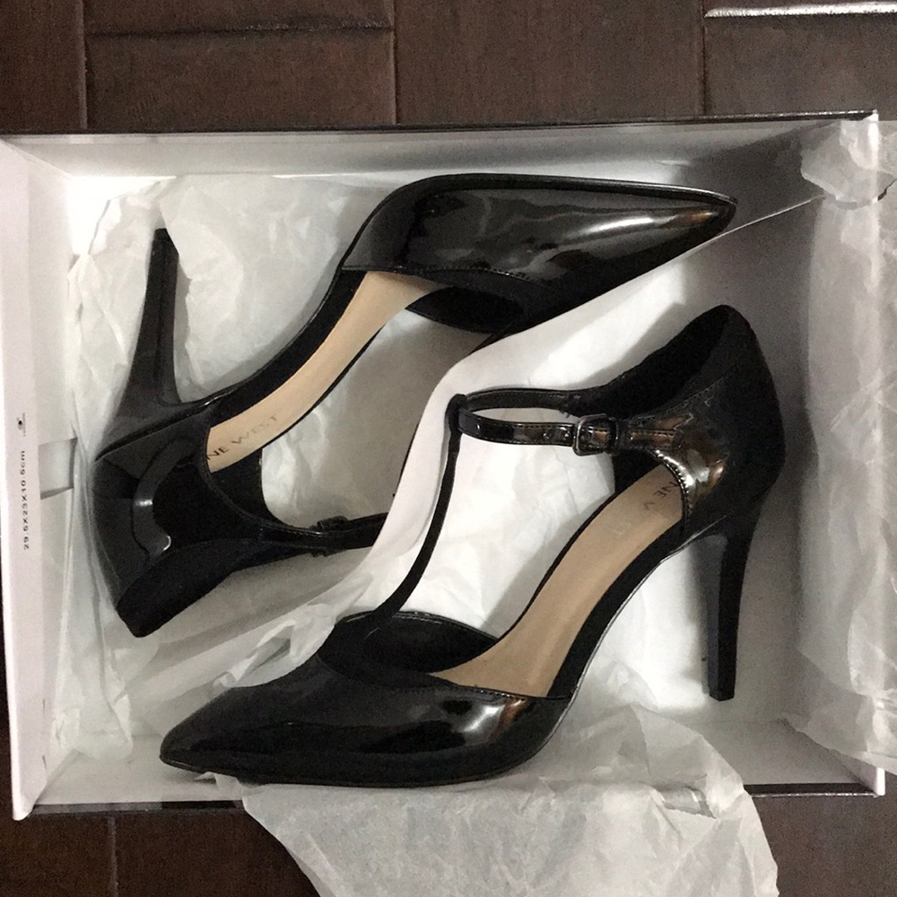 Black Patent Leather T-Strap Pumps